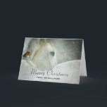 White Horse & Bird in a Winter Snowfall Christmas Card<br><div class="desc">Christmas holiday greeting card with a serene photograph featuring a beautiful white horse with a little bird resting on his neck. A magical winter snowfall gives the image a wonderful mystical quality.</div>