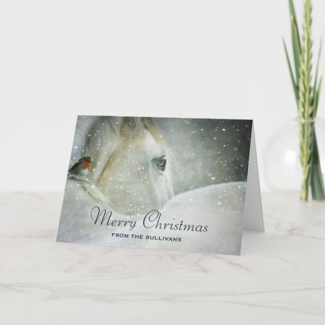 White Horse & Bird in a Winter Snowfall Christmas Card (Front)