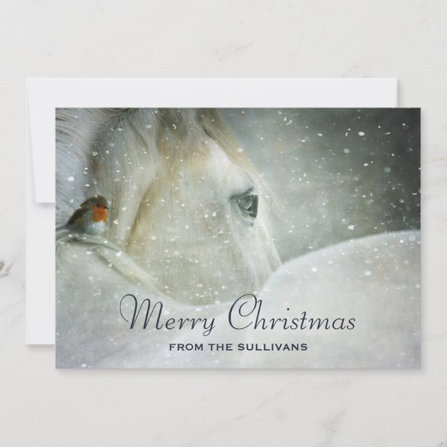 White Horse & Bird in a Winter Snowfall Christmas Holiday Card (Front)