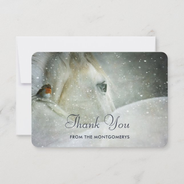 White Horse & Bird in a Winter Snowfall Thank You Card (Front)
