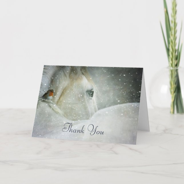 White Horse & Bird in a Winter Snowfall Thank You Card (Front)