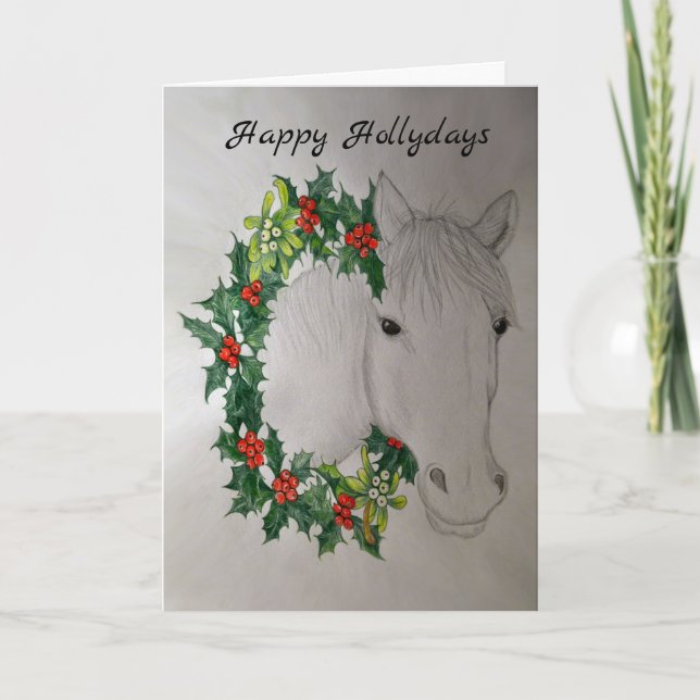 White Horse Christmas Garland Greetings Card (Front)