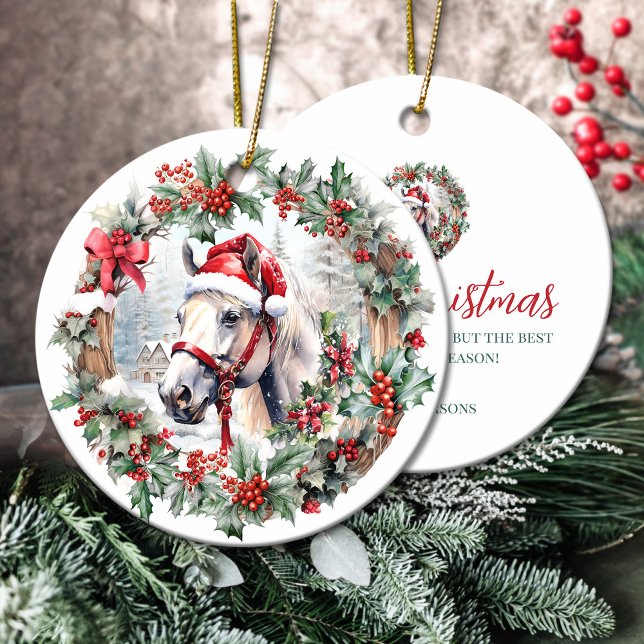 White horse Christmas holly berry wreath Ceramic Tree Decoration (White horse Christmas holly berry wreath Ceramic Ornament)