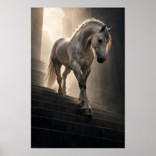 White Horse Descending Stone Steps Equestrian Wall Poster