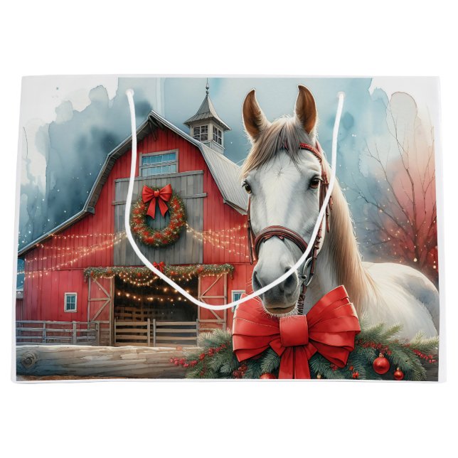 White Horse Festive Farm Christmas Personalised Large Gift Bag (Front)