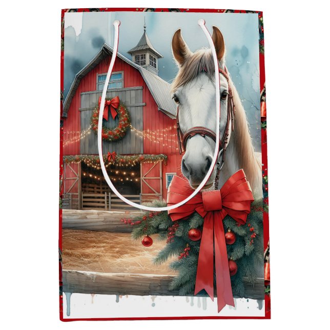 White Horse Festive Farm Christmas Personalised Medium Gift Bag (Front)