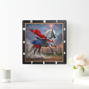 White Horse Fireworks Patriotic  Square Wall Clock