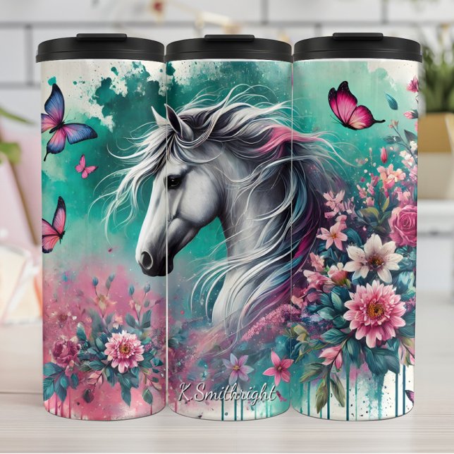 White Horse Floral Butterfly Whimsy Thermal Tumbler (Creator Uploaded)