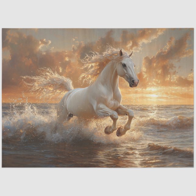 White Horse Galloping Through Ocean Waves Tissue Paper (Front)