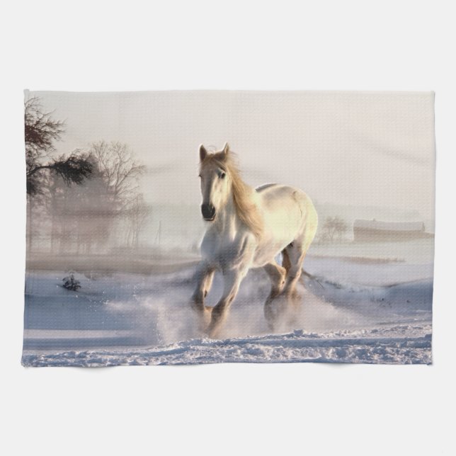 White Horse Galloping Through the Winter Snow Tea Towel (Horizontal)