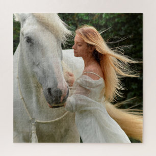 White Horse Girl Wind In Your Blond Hair Difficult Jigsaw Puzzle