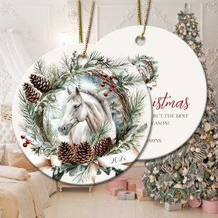 White horse grey horse Christmas pinecone wreath Ceramic Tree Decoration