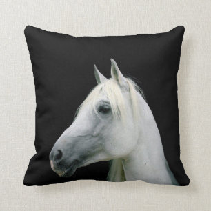 WHITE HORSE HEAD ON BLACK PILLOW CUSHION