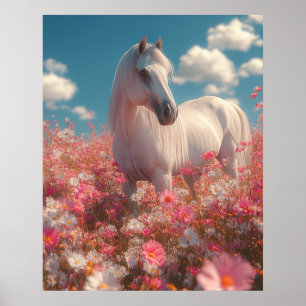 White Horse in a Field of Blossoms Poster