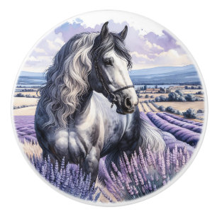 White Horse in a Lavender Field Ceramic Knob