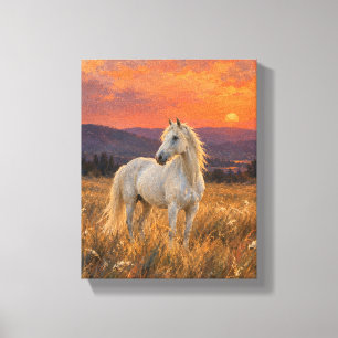 White Horse in a Persimmon Meadow - Sunset Animal Canvas Print