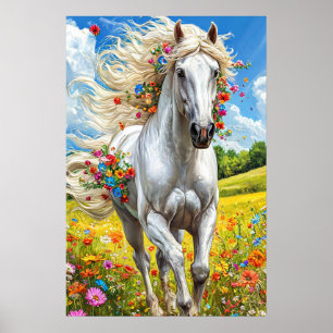 White Horse in Blooming Meadow Landscape Decor 🎁