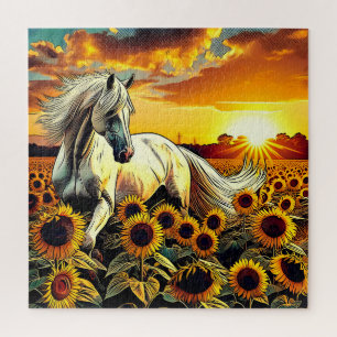 White Horse in Field of Sunflowers at Sunset Jigsaw Puzzle