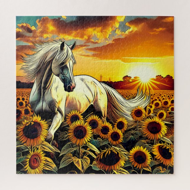 White Horse in Field of Sunflowers at Sunset Jigsaw Puzzle (Vertical)