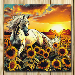 White Horse in Field of Sunflowers at Sunset Poster