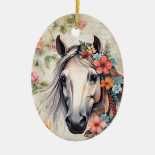 White horse in flowers. Ceramic Tree Decoration