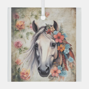White horse in flowers. Glass Tree Decoration