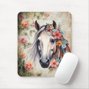White horse in flowers. Mouse Mat