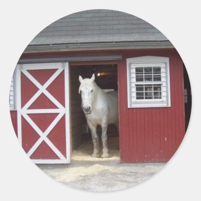 White Horse In Red Barn Classic Round Sticker (Front)