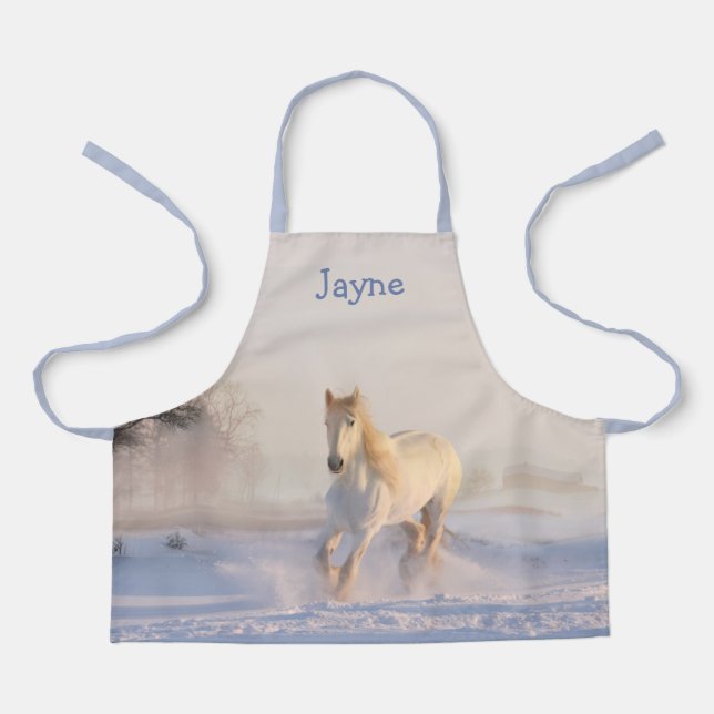 White Horse in Snow Girls Name Apron (Front)