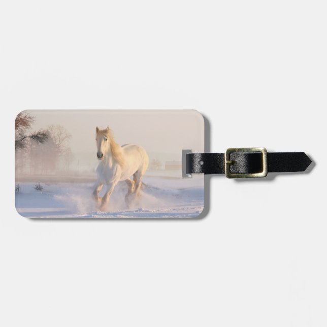white horse in snow luggage tag (Front Horizontal)