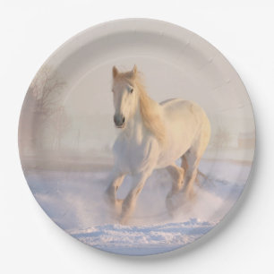 white horse in snow paper plate