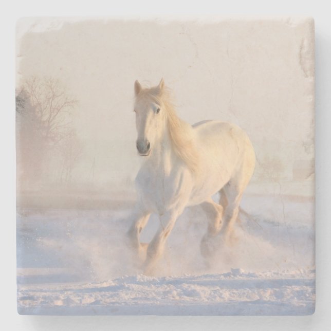 white horse in snow stone coaster (Front)