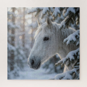 White Horse In Snowy Pine Tree Jigsaw Puzzle