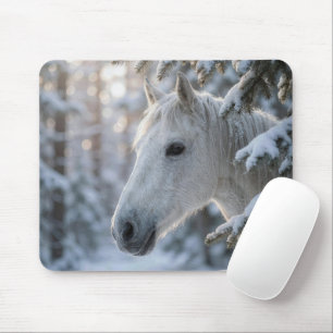 White Horse In Snowy Pine Tree Mouse Mat