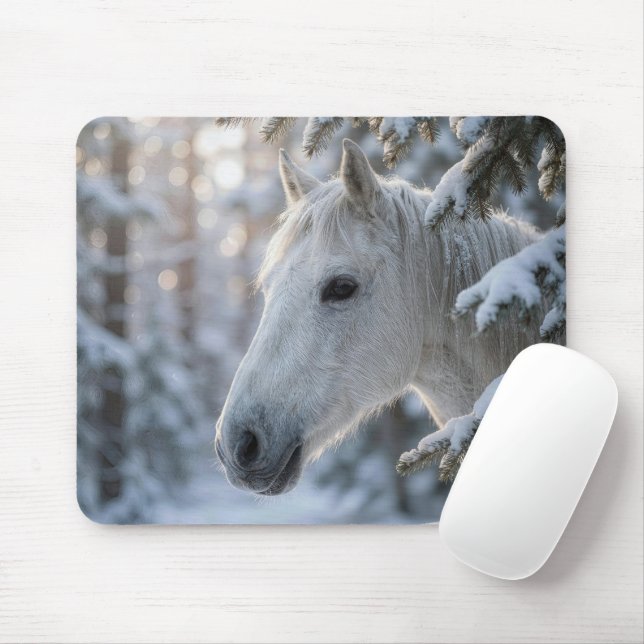 White Horse In Snowy Pine Tree Mouse Mat (With Mouse)