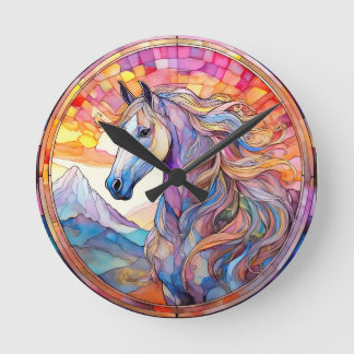 White Horse in Stained Glass  Round Clock