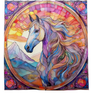 White Horse in Stained Glass Shower Curtain