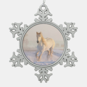 White Horse in the Snow Snowflake Pewter Christmas Ornament