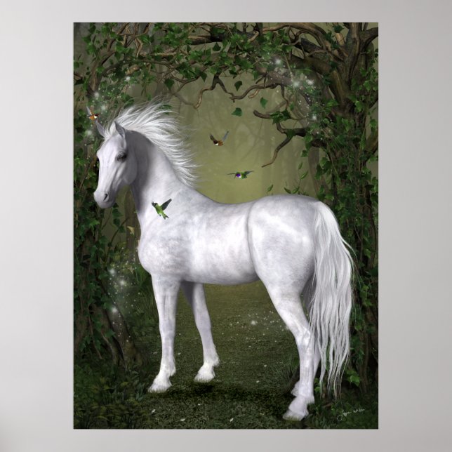 White Horse in the Woods with Hummingbirds Print (Front)