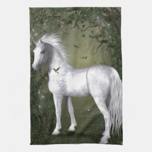 White Horse in the Woods with Hummingbirds Tea Towel