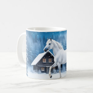 White horse in winter forest coffee mug