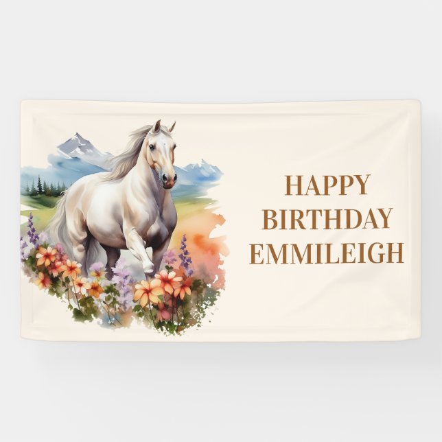 White Horse Name Equestrian Birthday Banner (Horizontal)