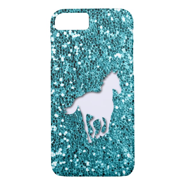 White Horse on Aqua Glitter Look Case-Mate iPhone Case (Back)