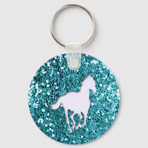 White Horse on Aqua Glitter Look Key Ring