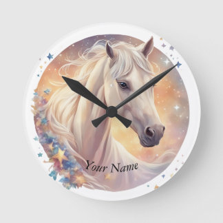 white horse, pastel round clock
