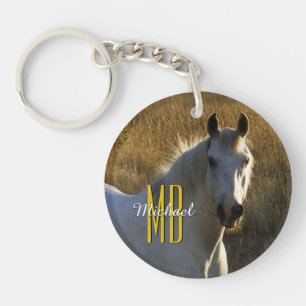 White Horse, Personalise Monogram & Name, Gold/Wht Key Ring