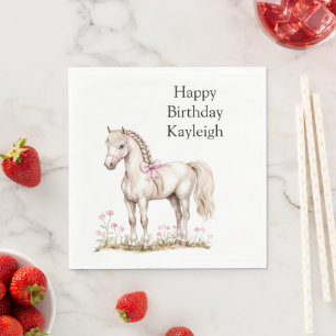 White Horse Pink Bow Floral Birthday Napkin