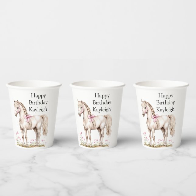 White Horse Pink Bow Floral Birthday Paper Cups (Multi)