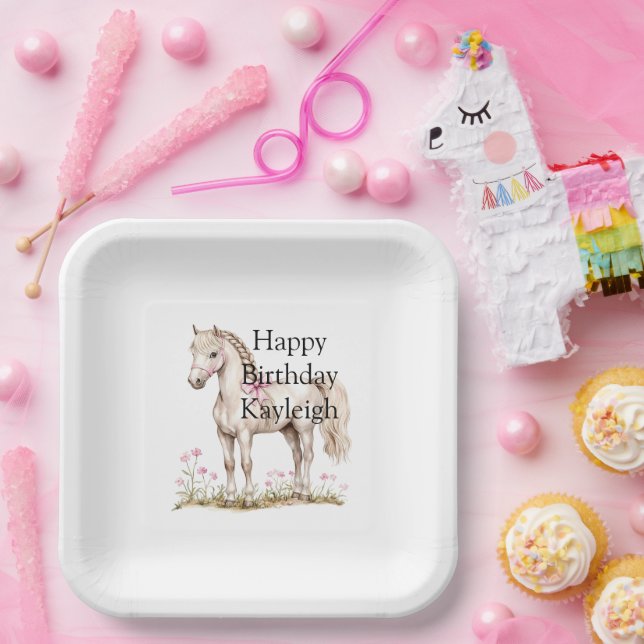 White Horse Pink Bow Floral Birthday Paper Plate (Party)