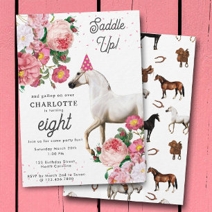 White Horse Pink Floral Girl Cowgirl Birthday Invitation